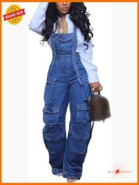 Wide Leg Cargo Denim Overall Jumpsuit Romper with Pockets Sleeveless Stretchable